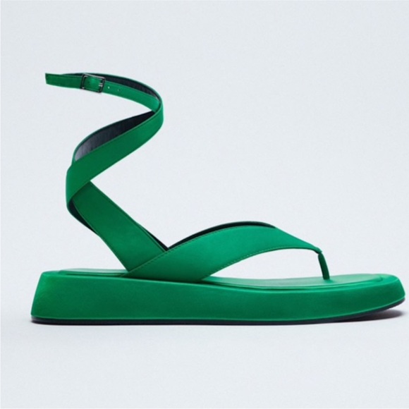 Zara Satin Effect Green Chunky ankle wrap thong sandals. STUNNING 💚 Size 8 - Picture 4 of 15